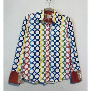 Tizzie Top Womens Small Colorful Geometric Cheetah Long Sleeve Button Up Artsy